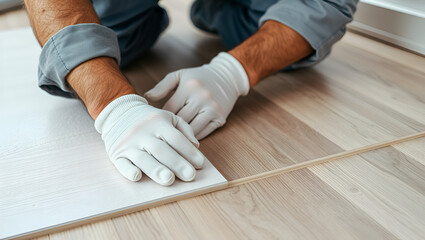 Installing laminated floor, detail on man hand in white glove fitting wooden tile, over white foam base layer