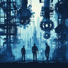 Three silhouetted figures in a futuristic industrial setting with gears and machinery.