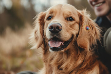 happy golden retriever dog with joyful expression sits outdoors, surrounded by nature. Its shiny coat and friendly demeanor make it ideal companion for outdoor adventures