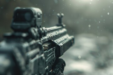 Close-up shot of a rifle lying on a snowy surface