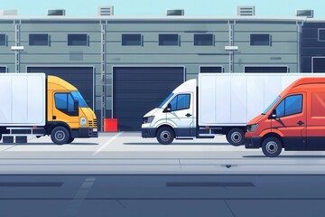 Poster - Several trucks and vans are parked at a warehouse, prepared for loading as the day begins with operational activity. Generative AI