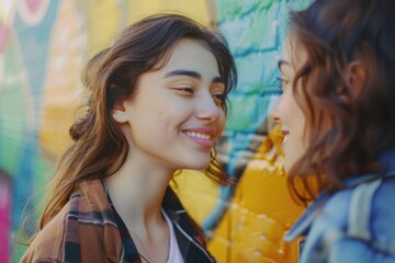 Two females standing together facing a wall, possibly waiting or discussing