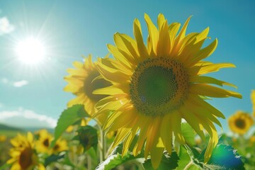 A bright and cheerful scene of sunflowers facing the warm sunlight