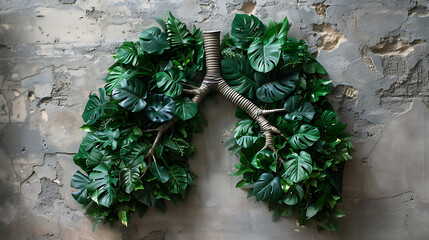 Wall Mural - a pair of lungs formed entirely from lush green leaves and foliage. The structure mimics the anatomical shape of human lungs