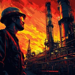 Male worker in a hard hat gazing at an industrial landscape during sunset.