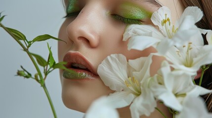 Profile of a woman with a flower, showcasing luxury skincare and fashion in a vibrant studio setting, emphasizing beauty, self-care, and glamour