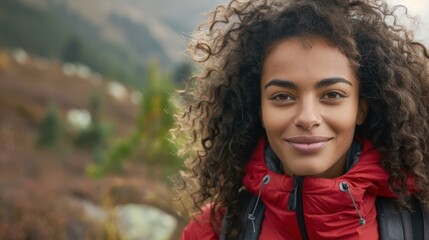 Joyful woman enjoying an outdoor hiking adventure. Fitness journey and exploration