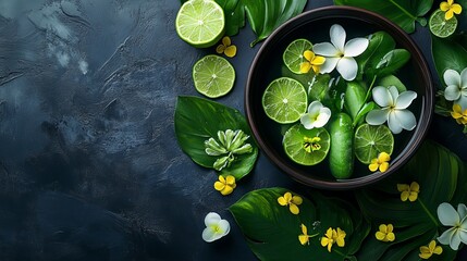 A bowl foot bath with lime and tropical flowers for a spa-like pedicure treatment, presented from a top view perspective