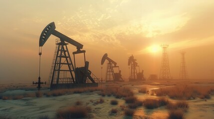 Derricks actively extract crude oil from the ground in a vast desert oilfield as the sun sets, illuminating the landscape. Generative AI