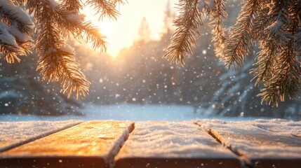 Poster - The warm glow of the sunset reflects off a snowy landscape, framed by evergreen branches surrounding a rustic wooden table, inviting a sense of peace and tranquility in a winter setting.
