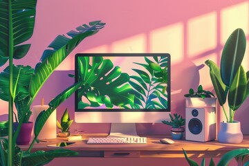 Wall Mural - a computer monitor sits on top of a wooden desk, ready for use