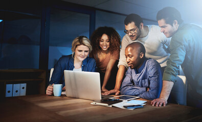 Night, reading and business people with meeting by laptop for server launch, testing or plan. IT developer, research and programming with tech in office for backend development, deployment or support