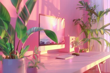 Wall Mural - computer monitor sitting on a white desk, ideal for office or workspace images