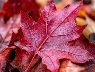 A vivid image captures a close-up of a bright red maple leaf, showcasing its intricate veins and rich autumn colors, symbolizing the beauty of nature’s details.