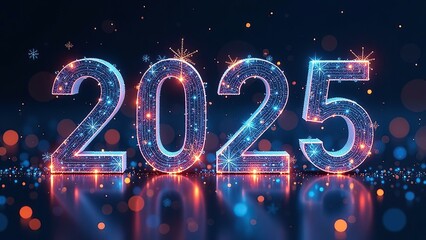 striking futuristic 2025 text in glowing orange blue neon lights, digital high-tech aesthetic, intricate sparkles shimmering light effects, dark background with bokeh lights. New Year's events concept