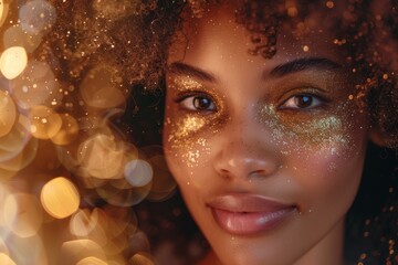 Portrait of a black woman showcasing beauty with motion blur, makeup, and glitter. Emphasizing hair care, natural curls, cosmetics, and fashion