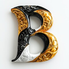 Stylish 3D Letter B in Gold, Black, and White Design