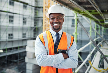 Happy, portrait and black man with confidence for construction site, architecture or civil engineering. Young African, male person or contractor with smile or arms crossed for industrial development