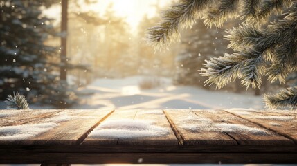 Poster - The wooden table sits surrounded by a peaceful winter forest, gently illuminated by soft sunlight. Snowflakes drift down, covering the ground and branches, creating a serene atmosphere.