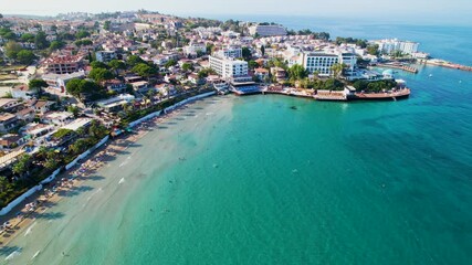 Wall Mural - Kusadasi, Aydin, Turkey. Ladies Beach (Turkish: Kadinlar Denizi) in Kusadasi. Touristic beach resort town on Turkey. Aerial view of Kusadasi.