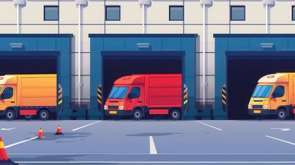 Poster - Trucks and vans await loading at a warehouse dock, prepared for efficient logistical operations during the day. Generative AI