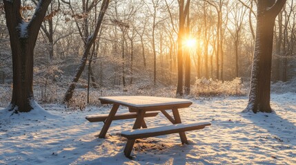 Poster - A tranquil winter morning unfolds as the sun rises over a snow-covered picnic table nestled among tall trees. The snow sparkles under the soft light, creating a peaceful atmosphere in the forest.