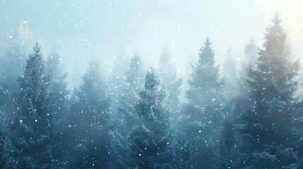 Poster - A tranquil winter wonderland unfolds with snow-laden pine trees rising quietly amidst falling snowflakes in the peaceful forest. Generative AI