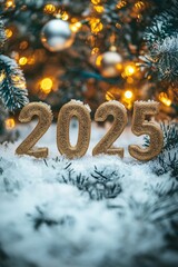 Wall Mural - The year '2025' is written in the snow with a decorated Christmas tree and glowing lights in the background