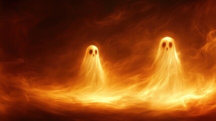 Two ghostly figures emerge from a fiery, swirling mist.