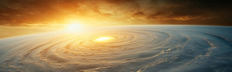 Wall Mural - golden sunrise illuminates swirling cloudscape on alien planet in a mesmerizing display of cosmic be