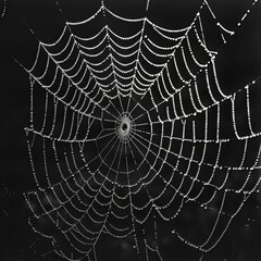 Wall Mural - The intricate web woven by a spider catching drops of morning dew in its delicate threads. Black and white art
