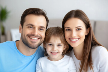 Happy family portrait with smiling man, woman, and child, showcasing love and joy in cozy home setting. Their warm expressions create sense of togetherness and happiness