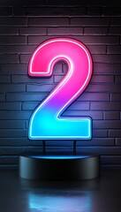 Neon Glowing Number 2 In Vibrant Pink And Blue, Isolated On a Stand Against a Brick Wall Background