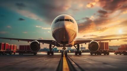 Aufkleber - A cargo airplane is positioned on the runway at sunset, with loading and unloading equipment nearby ready for action. Generative AI