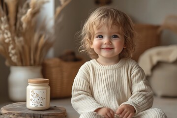 Smiling toddler in cozy home interior.