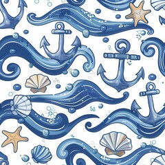 Leinwandbilder - A vibrant marine design showcases swirling waves, anchors, seashells, and starfish, perfect for nautical decor or coastal themes. Generative AI