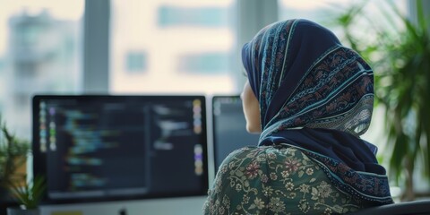 Female programmer working at a desk with a computer, engaged in reading and coding in a contemporary office, showcasing expertise in development and web design with a positive outlook