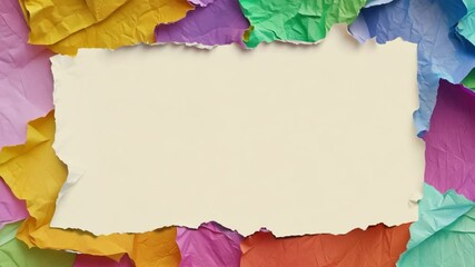 Poster - A collection of vibrant, crumpled paper pieces surrounds a blank, torn piece in the center. This backdrop is ideal for notes, announcements, or artistic creations, adding a lively touch.