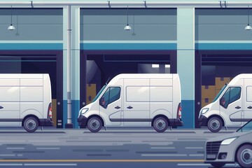 Poster - Multiple trucks and vans are lined up at a warehouse loading dock, ready for loading and timely deliveries to customers. Generative AI