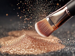 Close-up of makeup brush with glittering powder on dark background