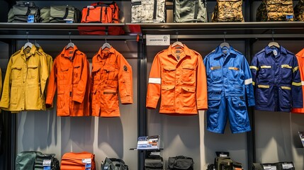 Industrial uniform collection on display in a store