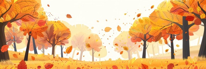Poster - A stunning autumn forest showcases trees with bright leaves, while gentle breezes scatter fallen foliage across the landscape. Generative AI
