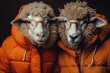 © LukaszDesign - Sheep wearing a jacket and glasses against a dark backdrop. Innovative advertising idea