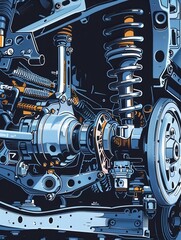 Poster - A mechanic works diligently under a car elevated on a hoist, focused on repairs inside a bustling automobile workshop in the afternoon. Generative AI