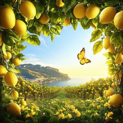 Enchanting Lemon Grove with Butterfly in Mediterranean Landscape at Sunset: Picturesque Nature View Surrounded by Lemon Trees, Hills, and Vibrant Yellow Foliage