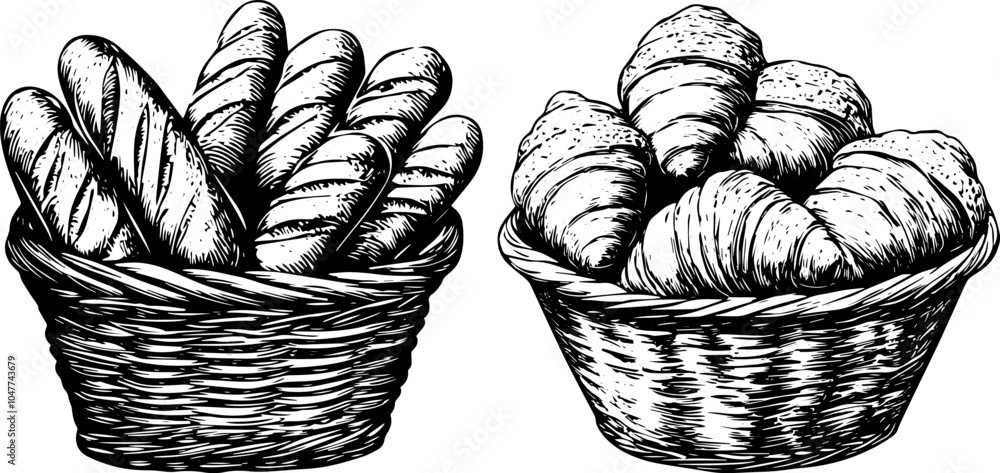 Vintage bakery set baguette and croissant full basket. Hand drawn ...