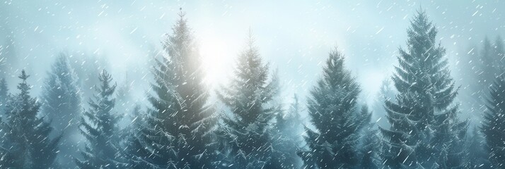 Aufkleber - Tall pine trees stand covered in fresh snow, as soft flakes continue to fall on a tranquil winter morning in the forest. Generative AI