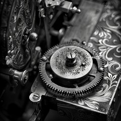 The intricate mechanical parts of an antique music box still able to produce a haunting melody. Black and white art