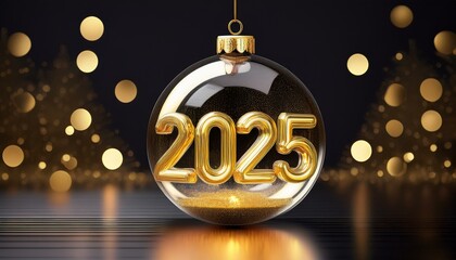 2025 digits glossy golden in transparent glass christmas bauble reflecting light party invitation isolated 3d cad rendering