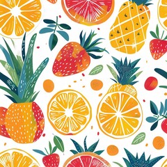 Aufkleber - A vibrant pattern filled with strawberries, pineapples, oranges, and green leaves creates a cheerful, summery atmosphere. Generative AI